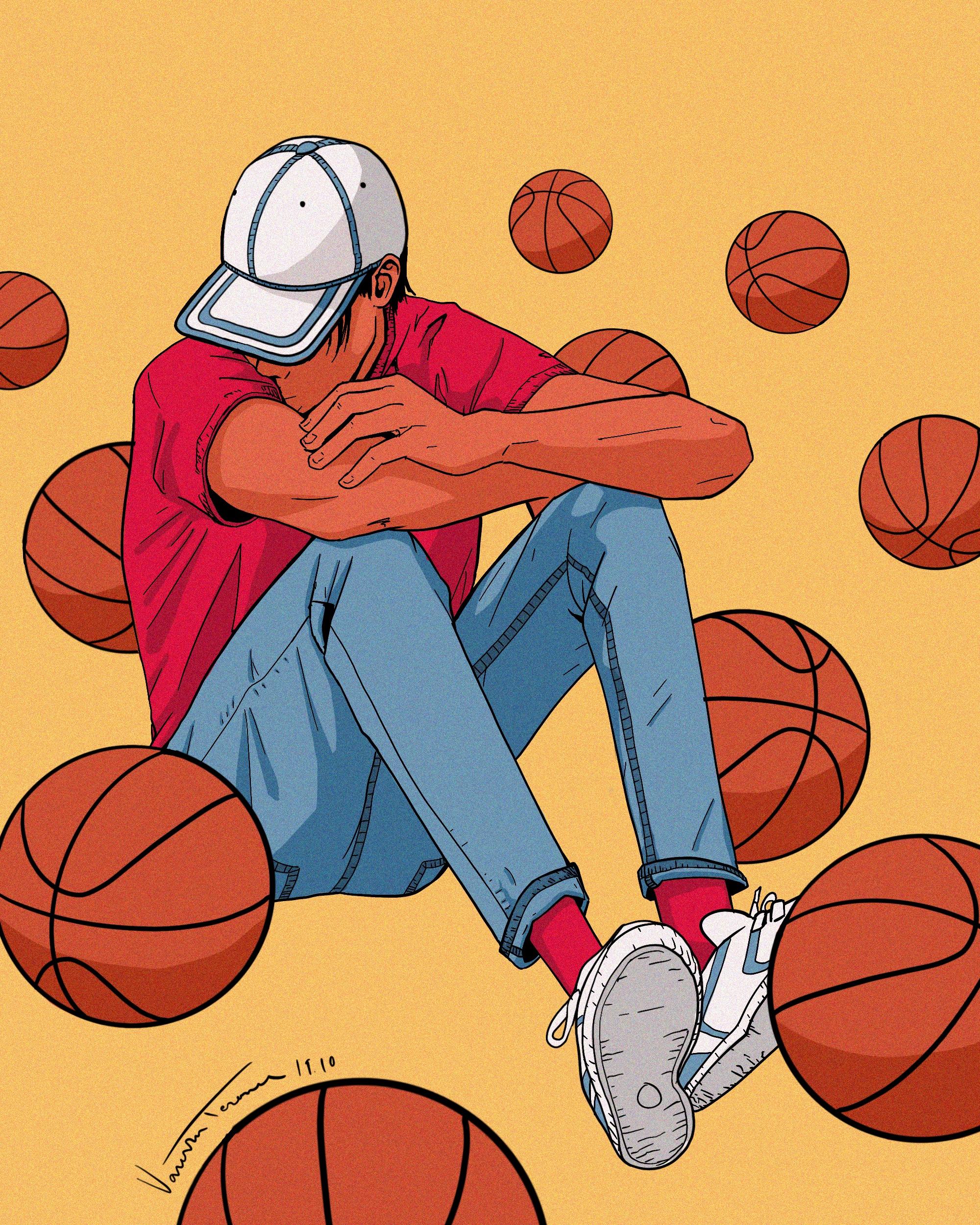 Contemplative illustration with basketballs on yellow background