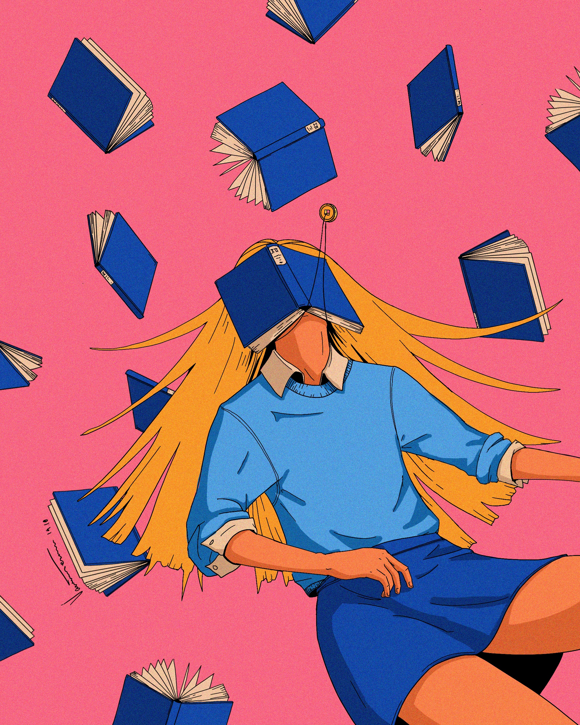 Illustration of person surrounded by floating books