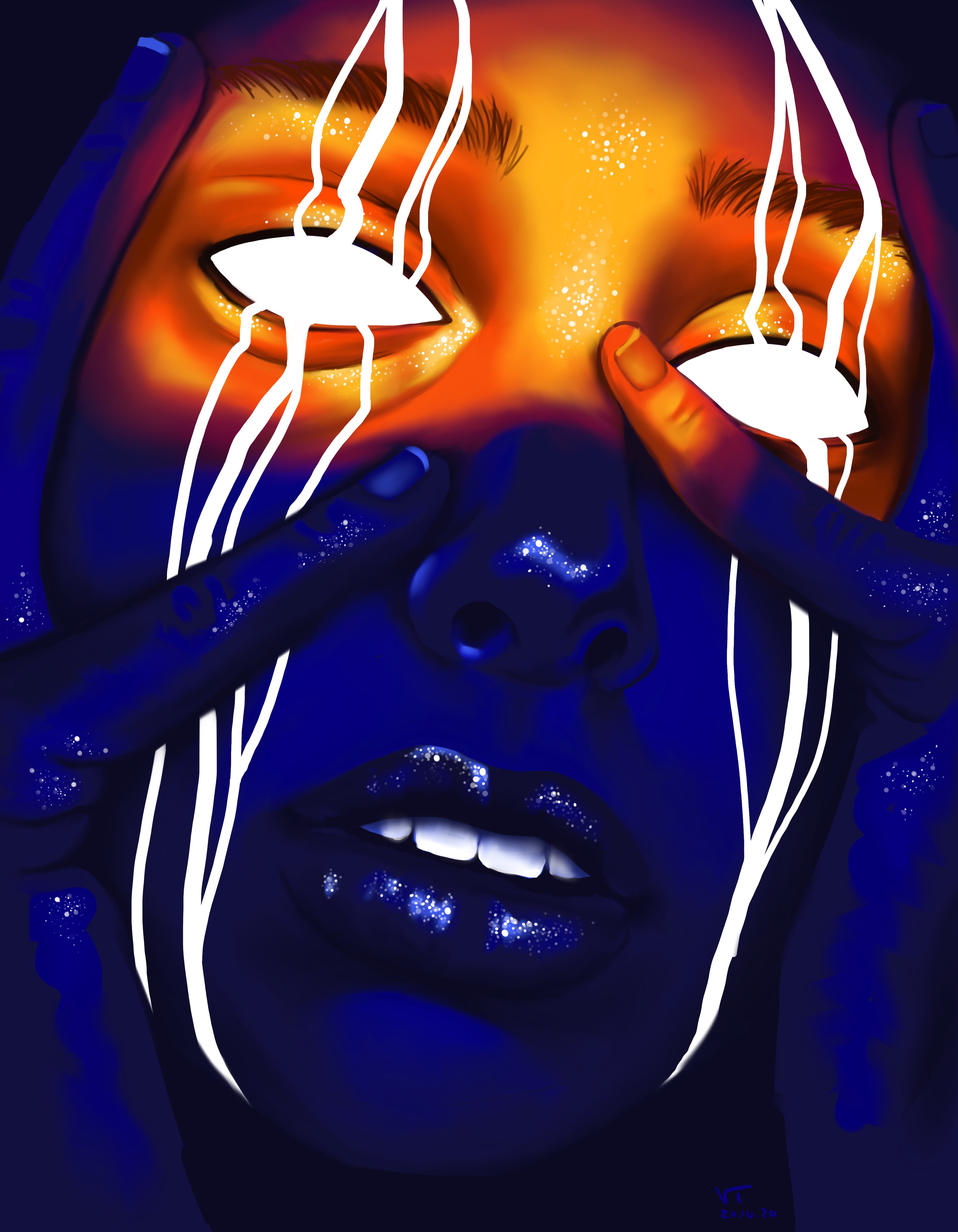 Halloween illustration with glowing sunglasses and blue tones