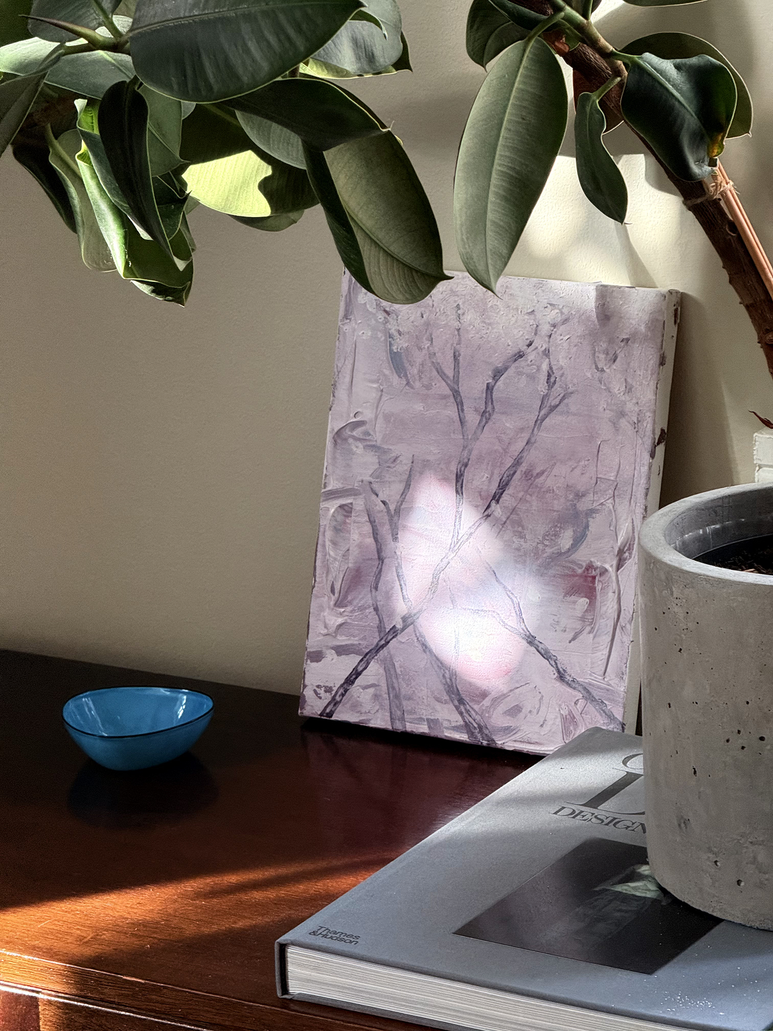 Lavender abstract painting with delicate branch elements
