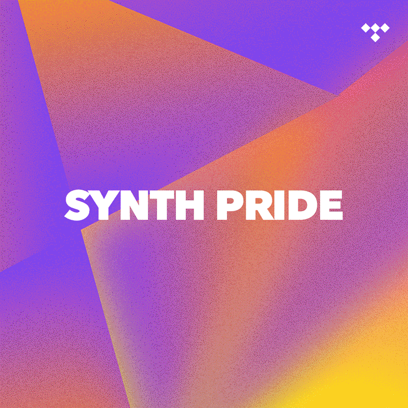 SYNTH PRIDE playlist cover with vibrant purple, orange, and pink gradient